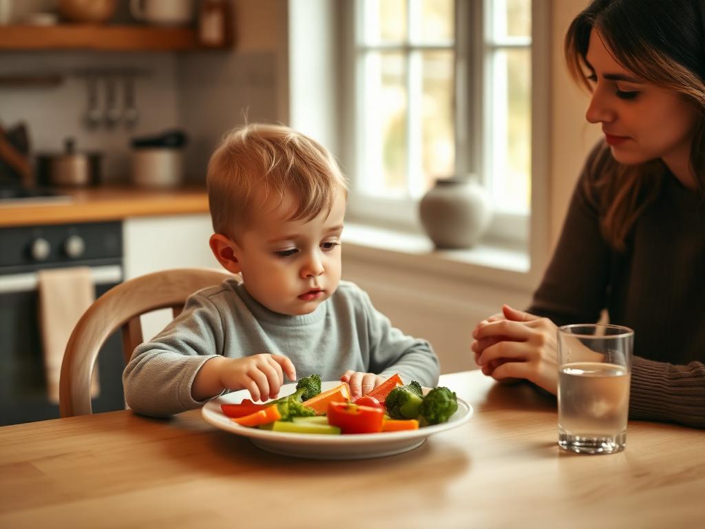 Peuter aan tafel die niet wil eten